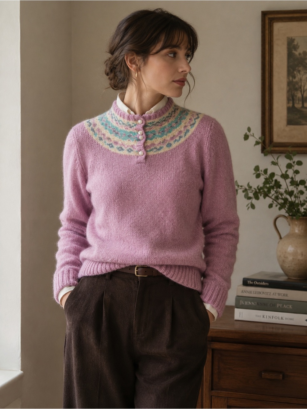 Vintage Eddie Bauer Shetland Wool Fair Isle Sweater Lilac Pink Medium